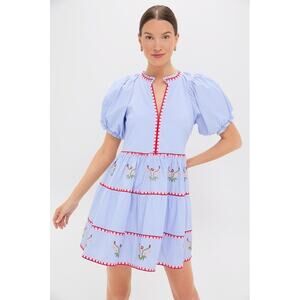 HYACINTH HOUSE Blue Pinstripe Embroidered V-Neck Lillian Mini Dress Size XS NWT
